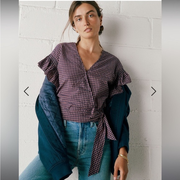 Madewell Tops - Madewell Flutter Sleeve Side Tie Wrap Top In Plaid. Size large